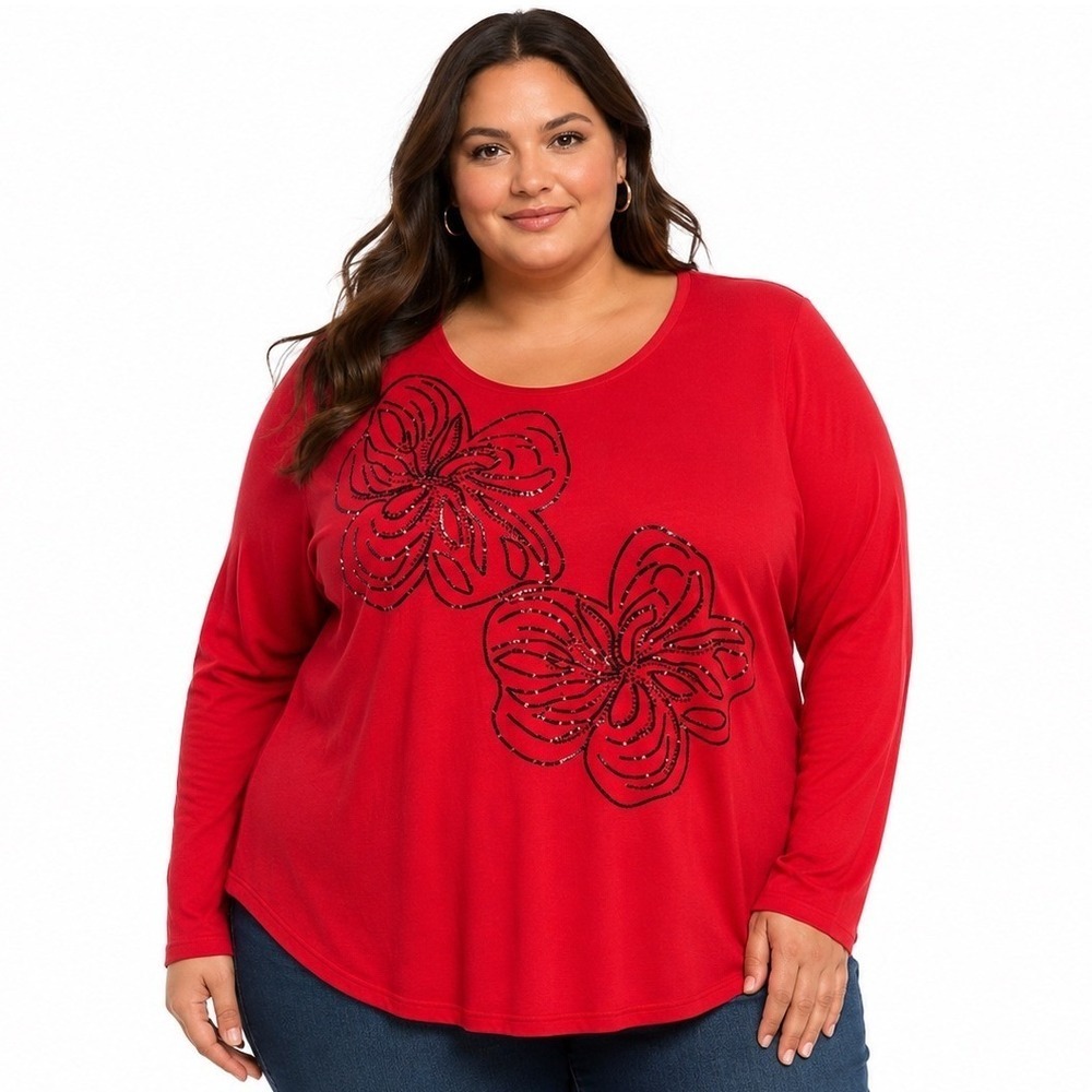 Chico's New Red Sequin Floral Pullover Sweater Size 2 Large Scoop Neck Holiday